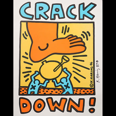 KEITH HARING - Crack Down Affiche de charité, 1986 Signé à la main par Keith Haring avec marqueur noir sur le devant de l'affiche l'affiche.