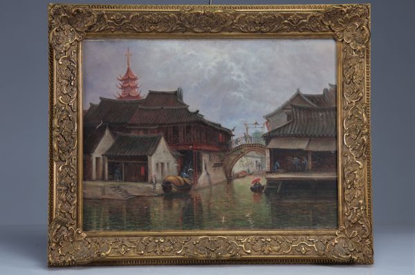 Huile sur toile vue de chine signée et datée 1891
