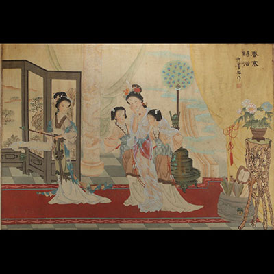 Chine - Peinture à l'encre et couleur sur soie représentant des élégantes.