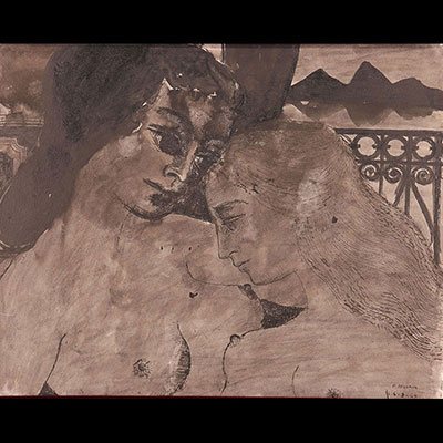 Belgique - Rare œuvre authentique de Paul DELVAUX (1897-1994) (53,5cm sur 43,5cm) - Au bord du lac