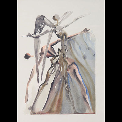 Salvador Dali - Bois gravé en couleurs sur vélin de Rives. « Les Négligents ». La Divine Comédie - Purgatoire - Chant 3. - 1963.