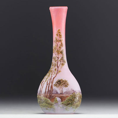 François Théodore LEGRAS (1839-1916) - Baluster vase decorated with landscapes and trees on a pink background.