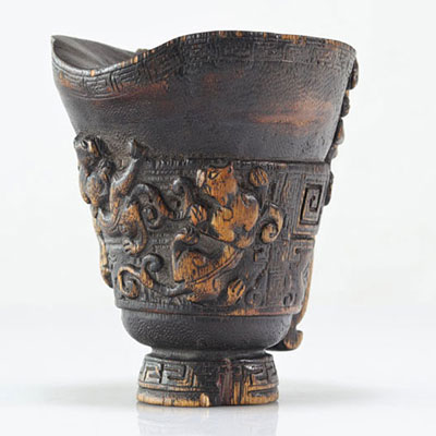 Bamboo libation cup decorated with Quing period Chilongs