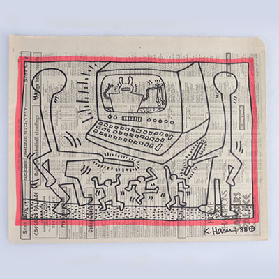 LOT RETIRE DE LA VENTE - Keith Haring. Dessin original au feutre sur une page de journal du New York Post