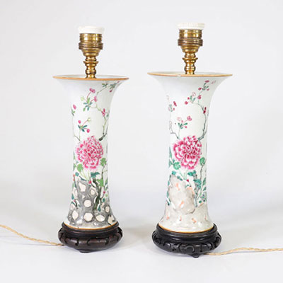 China pair of famille rose vases decorated with magpies 