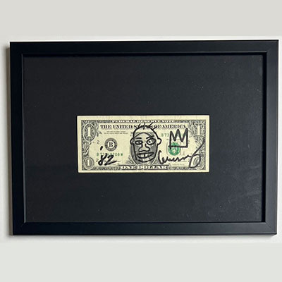 Jean-Michel Basquiat, (attr). US {main} bill. Enhanced with an original drawing in black marker. Hand-signed 