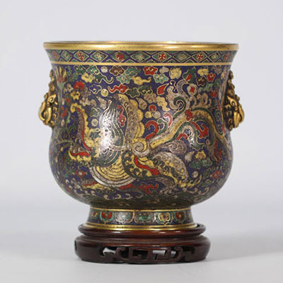 Brûle parfum cloisonné à décor de phénix et de nuages avec un socle en bois de la marque JING TAI d'époque Ming (明朝)