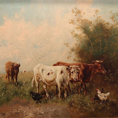 BELGIUM - oil painting - grazing cows  - PAUL SCHOUTEN
