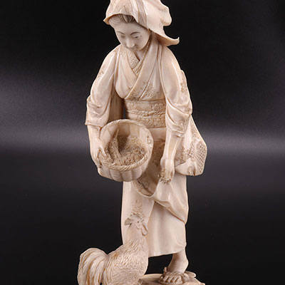 JAPAN - ivory okimono - young lady, rooster and chicks - signed