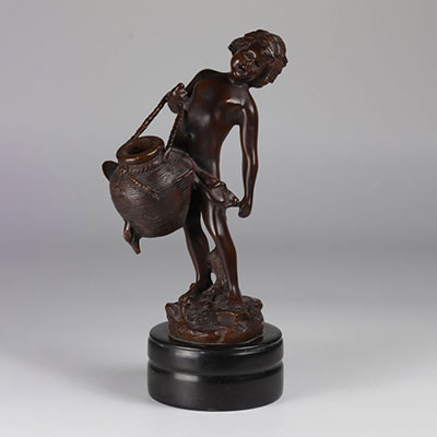 Auguste Moreau bronze young boy with brown patina jar signed on bronze 19th
