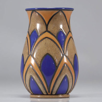 Villeroy & Boch Art Deco enameled earthenware vase with blue and yellow and decorated with geometric designs