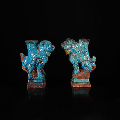 China pair of blue glazed sandstone dogs Ming period