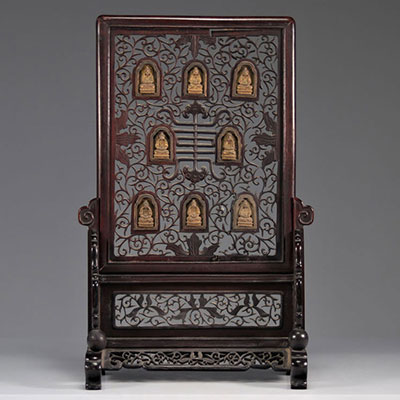 Ecran de table en bois orné de bouddhas provenant de Chine de l'époque Qing
