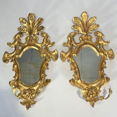 Pair of carved and gilded wood mirrors in rocaille style from 18th century