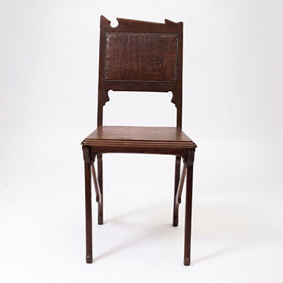 Léon BOCHOMS (1875-1925) Travail art nouveau Belge chaise en chêne et cuire 1900