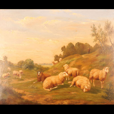 Arthur DE WAERHERT grande huile sur panneau d'acajou moutons aux près