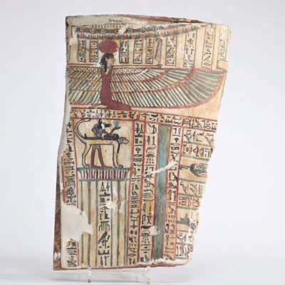 Beau fragment de sarcophage peint sur stuck provenant d'Égypte - collection privée