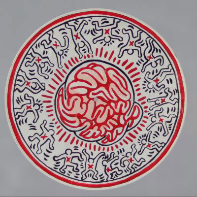 Keith Haring (Attr.) - Brain Celebration Dessin à la main avec de l'acrylique rouge et noir sur disque vinyle.