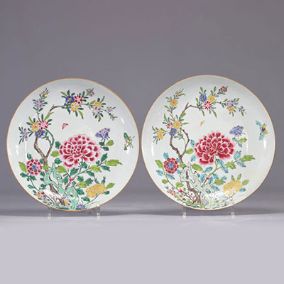 (2) Paire de plats en porcelaine de chine de la famille rose à décor de fleurs et papillons du XVIIIe siècle