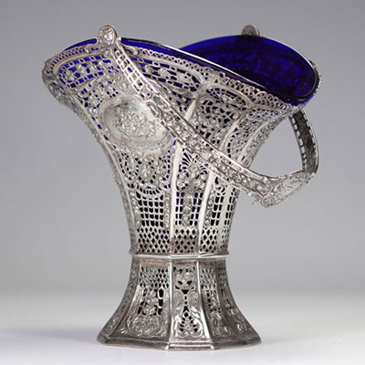 Imposing Louis XVI-style solid silver basket with blue glassware