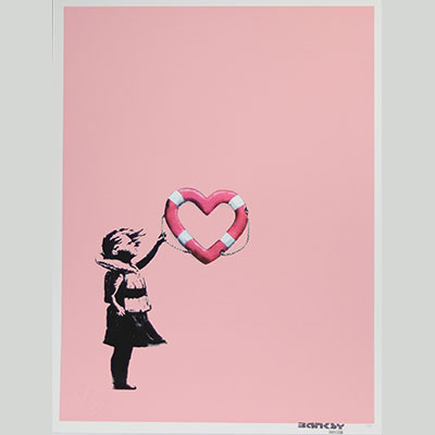 Banksy (in the style of) X Post Modern Vandal Polychrome screenprint in the style of Banksy - Girl with heart-shaped float