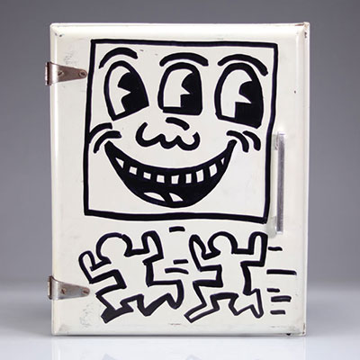 Keith Haring. Medicine cabinet. Pen drawing on the wardrobe door. Signed 
