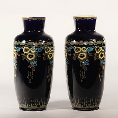 Pair of Art Deco Keramis vase with flower decoration