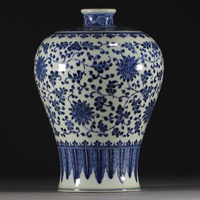 Chine - Vase de forme Meiping bleu blanc à décor floral et feuilles de bananier, période Qing.