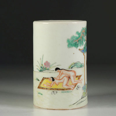 Porcelain erotic decor brush pot, early 20th century China.