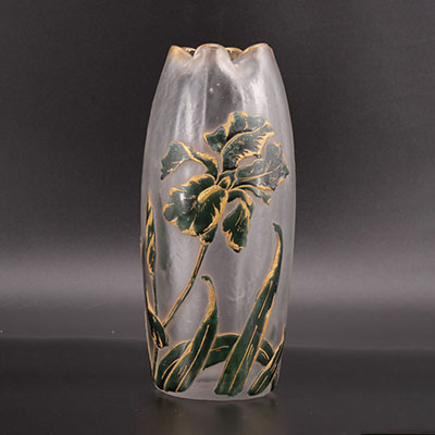 Vase Daum dégagé à l'acide décor de fleurs et libellule 