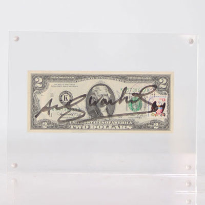 2 DOLLARS (Thomas Jefferson) / Numéro de série : D02961165A / Dimension : 155,955 X 66,294 Millimètres / Année : 1976 / Signé en noir : Andy Warhol (recto) / Tampon Andy Warhol (verso).