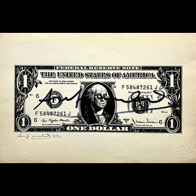 Andy Warhol (d'après). Impression offset sur papier, représentant un billet de 1 dollar Américain.