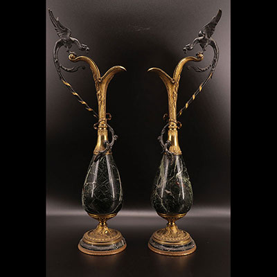 Pair of marble and bronze ewers with two patinas 