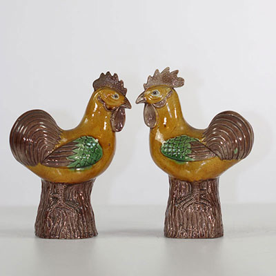 Pair of porcelain Sancai enamelled roosters, China, late 19th century