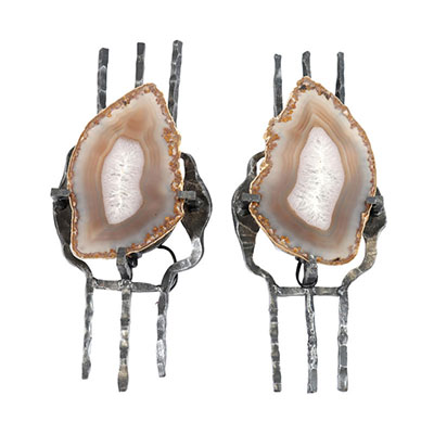 Pair of wrought iron and agate wall lights