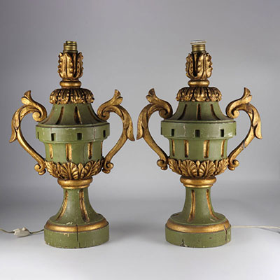 Pair of Louis XVI style lamps in polychrome wood circa 1900