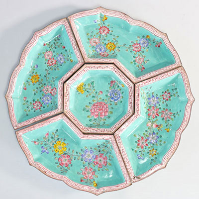 China enamel serving tray decorated with flowers on a light blue background