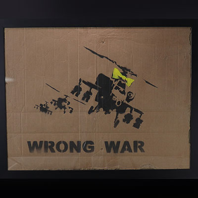 BANKSY ((in the style of)) Happy Choppers Wrong War 2003 black and yellow aerosol stencil on cardboard
