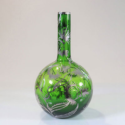 Glass vase - decorated with silver thistle flowers,