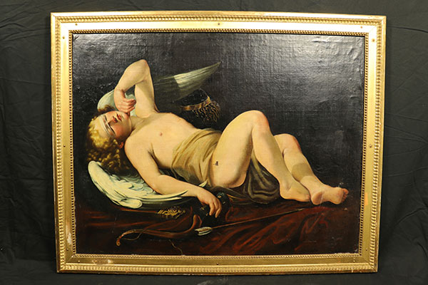 France - Grande huile sur toile Cupidon endormis