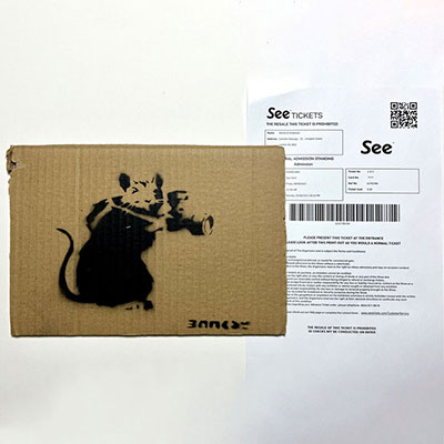 Banksy. « Rat photographer ». 2015. Bombe aérosol et pochoir sur carton.