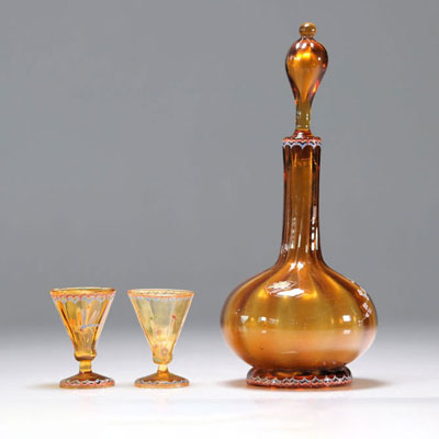 Emile Gallé Nancy - cristallerie - carafe et deux verres décorés de fleurs et d'insectes