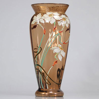 Vase Montjoie verrerie fumée émaillée Art Nouveau