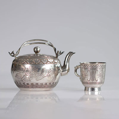 China silver teapot and cup 