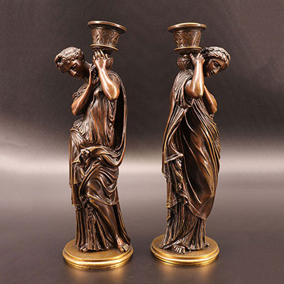 France - Pair of bronze candlesticks signed Moreau Math 1858
