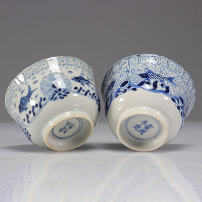 Paire de bols en porcelaines blanc bleu Kangxi décor de poissons