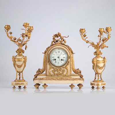 Louis XVI style clock and candlesticks in gilded bronze and marble