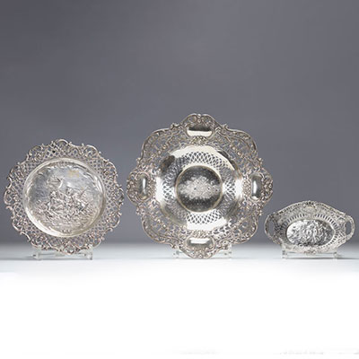 Set of (3) solid silver openwork dishes decorated with children