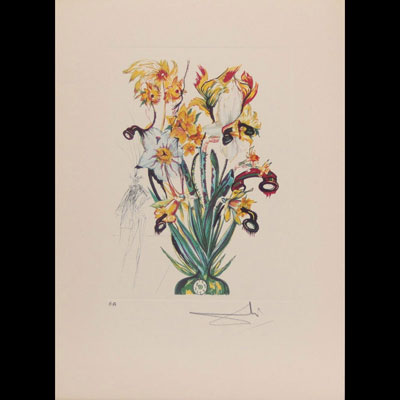 Salvador Dali. 1972. «Narcisus, andalou». Gravure en couleur sur papier arches. Signé «Dali» en bas à droite au crayon. Annotée EA en bas à gauche au crayon.