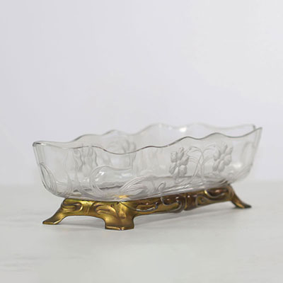 Jardinière Art-nouveau en cristal , monture en métal dorée , France , vers 1900